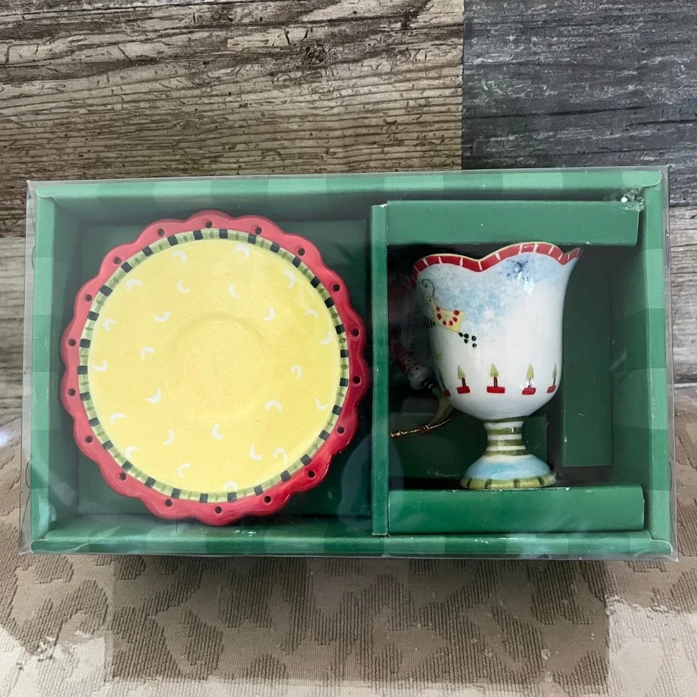 Dept 56 Lollysticks Kym Bowles Christmas Teacup Saucer Set Santa Reindeer